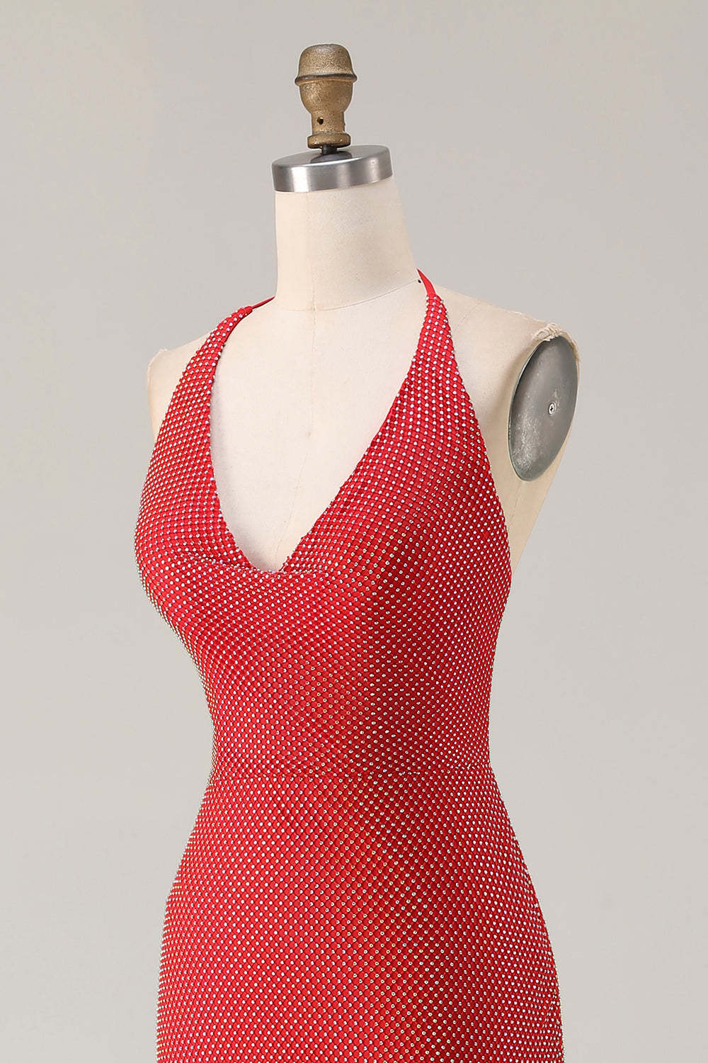 Sparkly Red Mermaid Beaded Halter Long Prom Dress with Slit