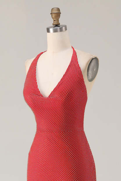 Sparkly Red Mermaid Beaded Halter Long Prom Dress with Slit