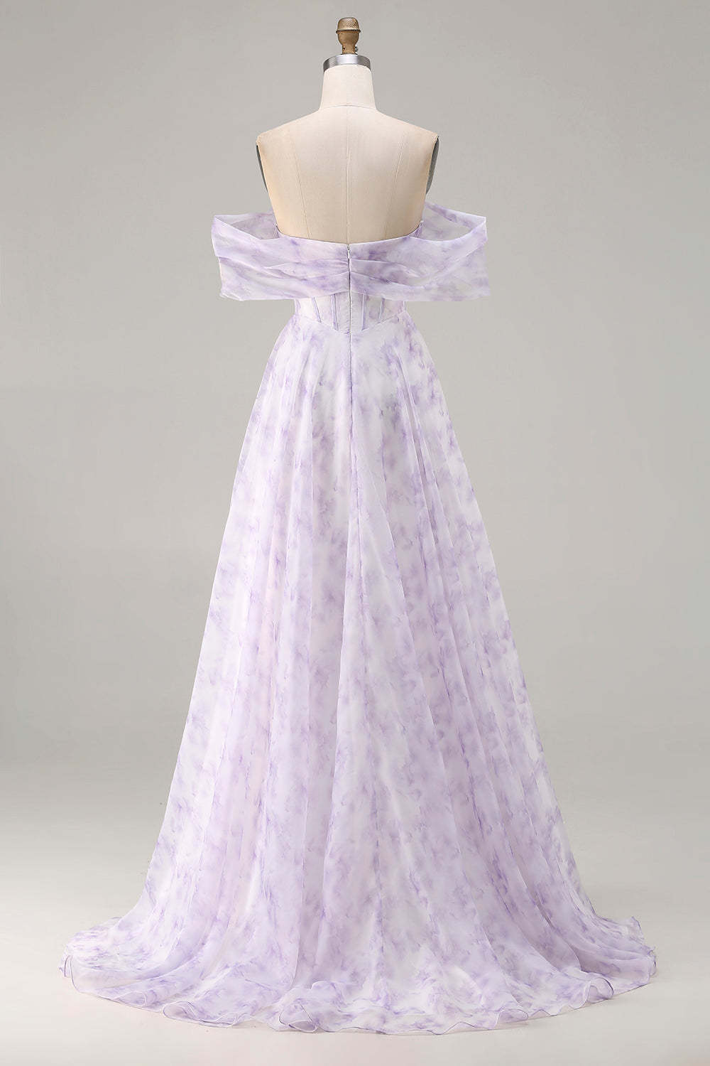 Floral Lilac Off the Shoulder A Line Long Corset Prom Dress with Slit