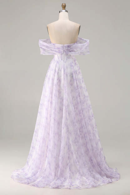 Floral Lilac Off the Shoulder A Line Long Corset Prom Dress with Slit