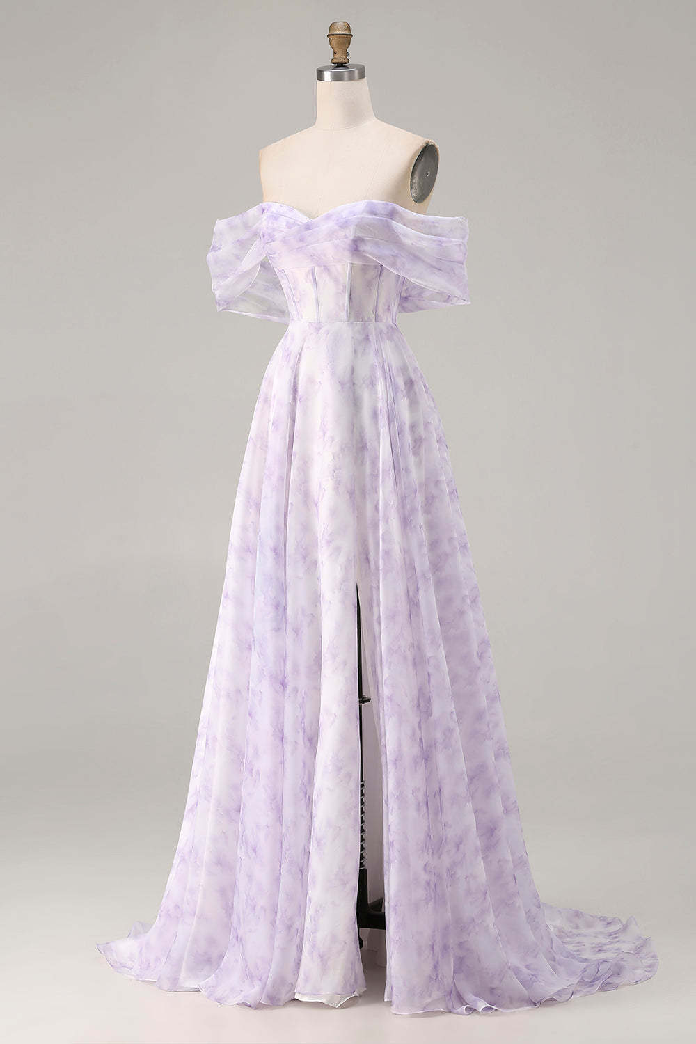 Floral Lilac Off the Shoulder A Line Long Corset Prom Dress with Slit