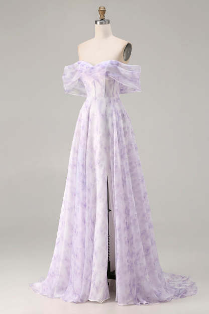 Floral Lilac Off the Shoulder A Line Long Corset Prom Dress with Slit