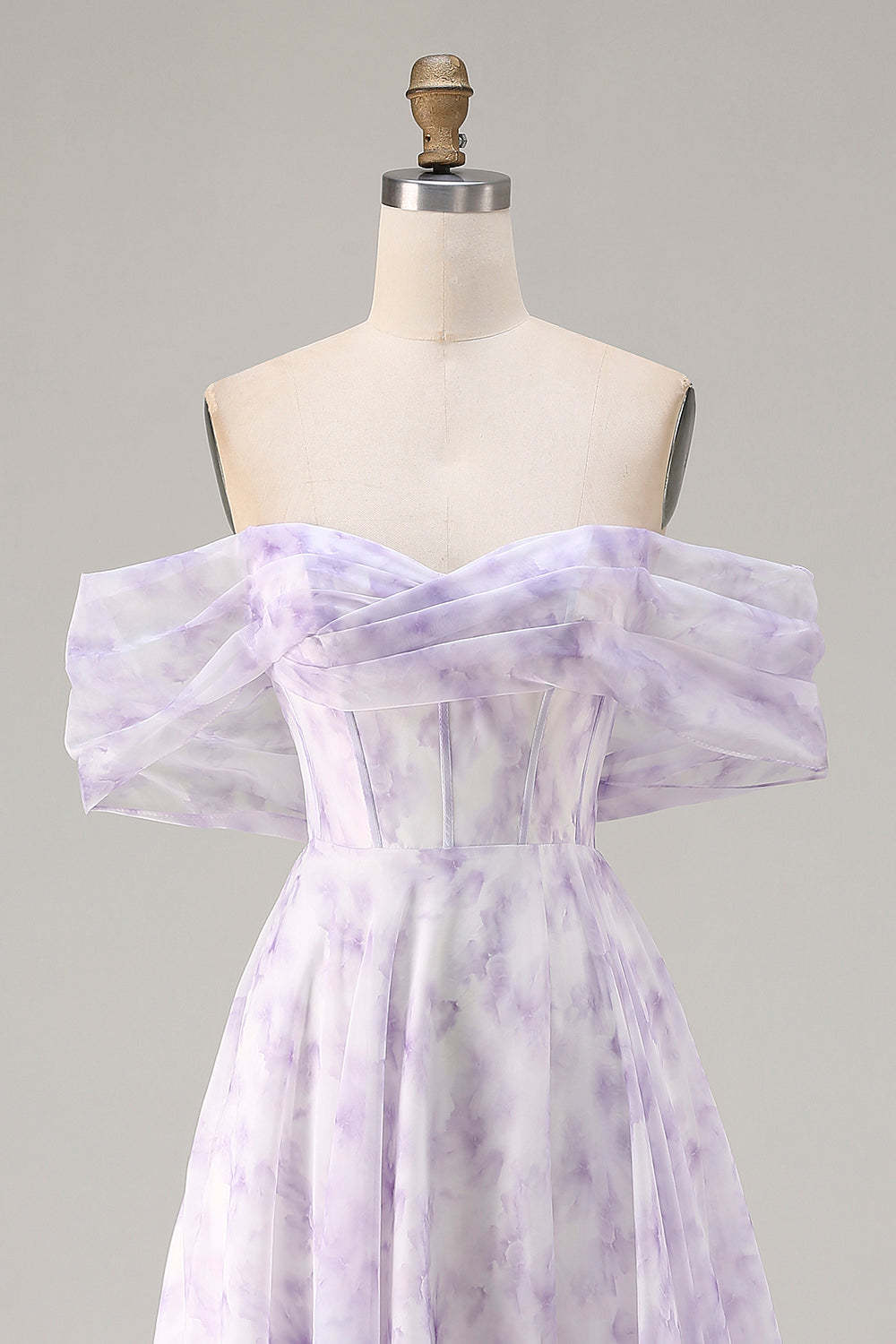 Floral Lilac Off the Shoulder A Line Long Corset Prom Dress with Slit