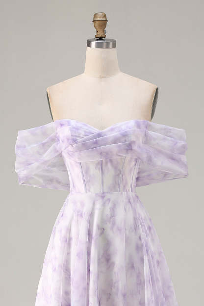 Floral Lilac Off the Shoulder A Line Long Corset Prom Dress with Slit