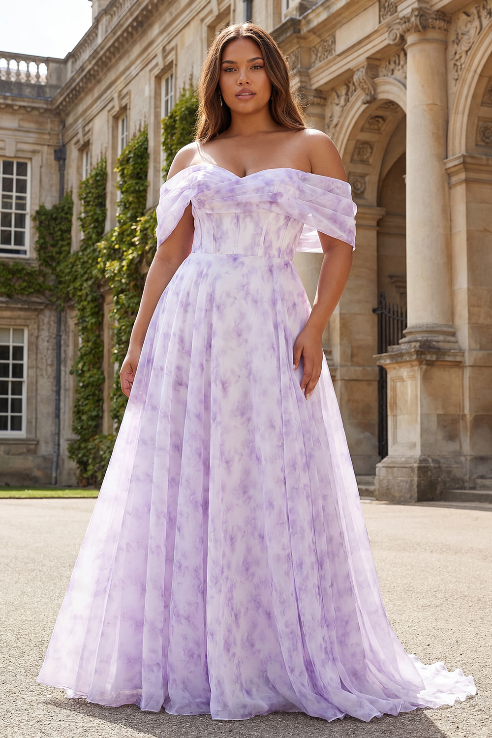 Floral Lilac Off the Shoulder A Line Long Corset Prom Dress with Slit