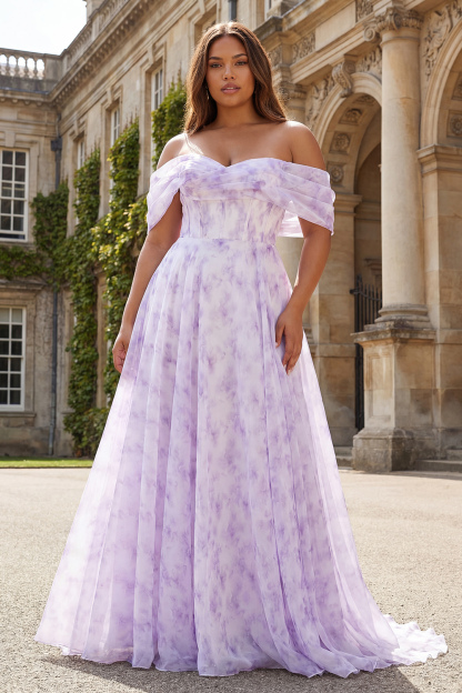 Floral Lilac Off the Shoulder A Line Long Corset Prom Dress with Slit