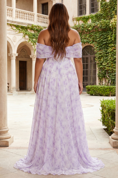 Floral Lilac Off the Shoulder A Line Long Corset Prom Dress with Slit