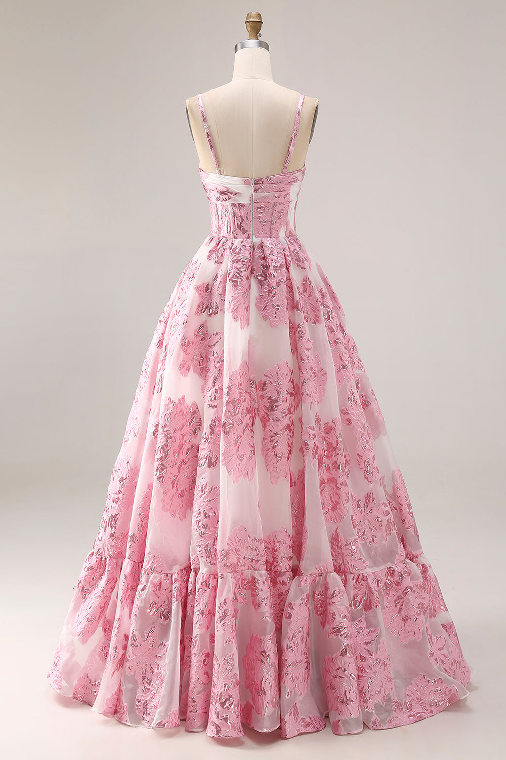 Floral Pink A Line Long Corset Prom Dress with Keyhole