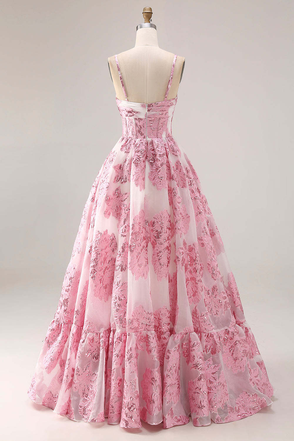 Floral Pink A Line Long Corset Prom Dress with Keyhole
