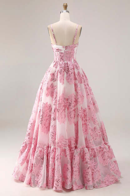 Floral Pink A Line Long Corset Prom Dress with Keyhole