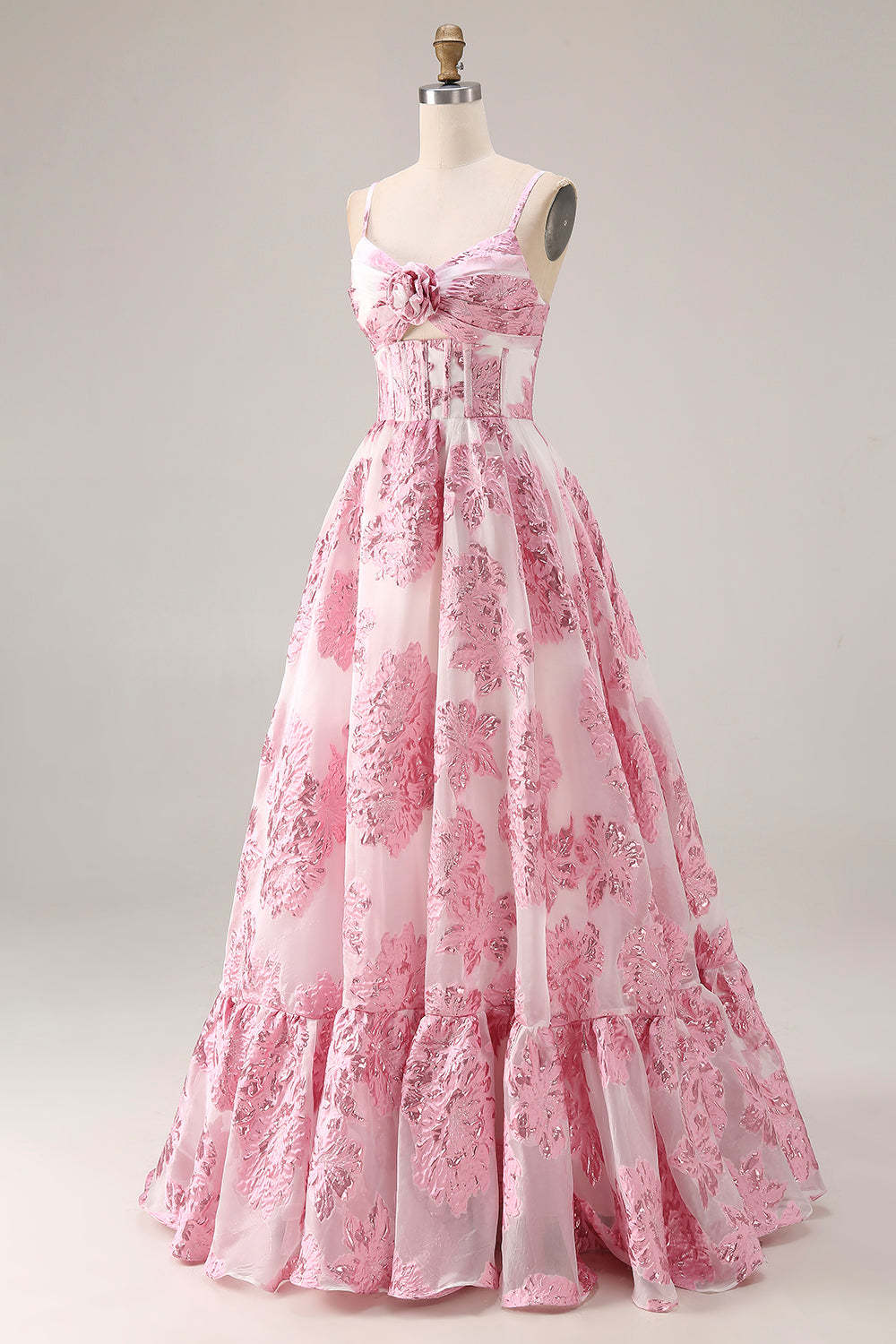 Floral Pink A Line Long Corset Prom Dress with Keyhole