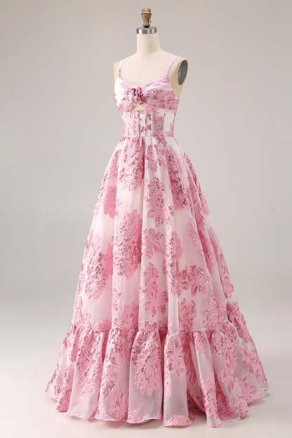 Floral Pink A Line Long Corset Prom Dress with Keyhole