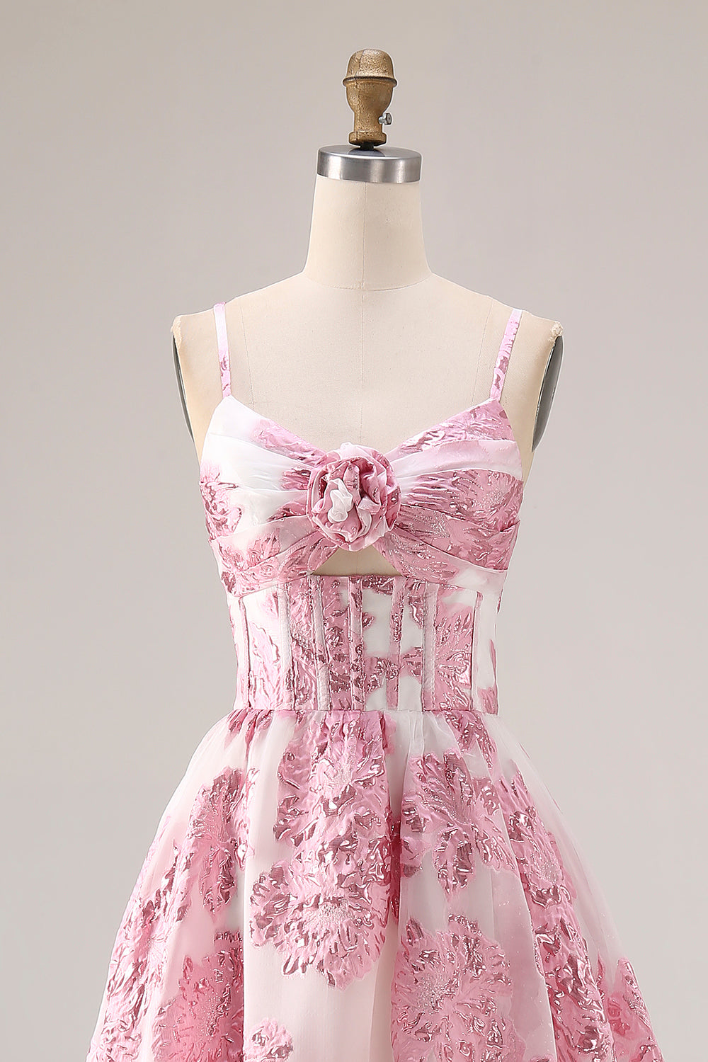 Floral Pink A Line Long Corset Prom Dress with Keyhole