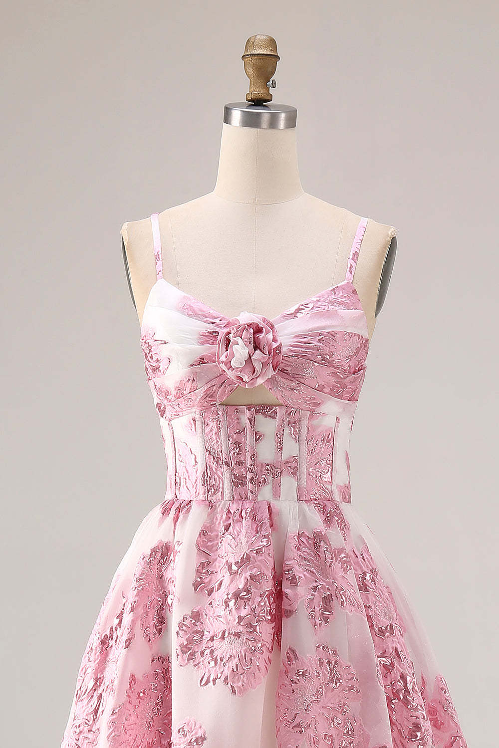 Floral Pink A Line Long Corset Prom Dress with Keyhole