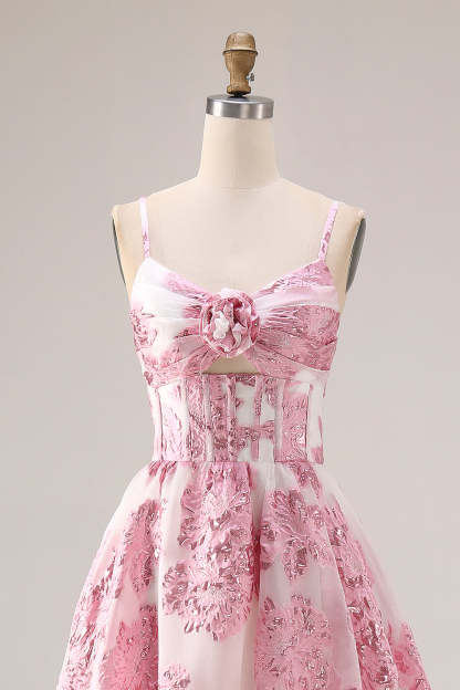 Floral Pink A Line Long Corset Prom Dress with Keyhole