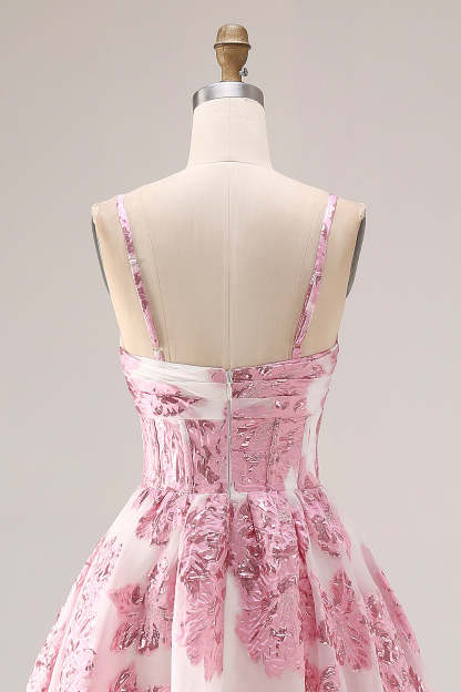 Floral Pink A Line Long Corset Prom Dress with Keyhole