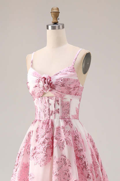 Floral Pink A Line Long Corset Prom Dress with Keyhole