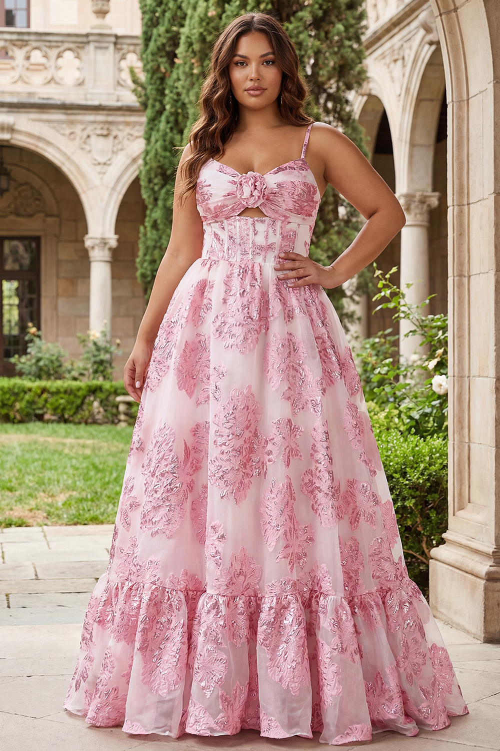 Floral Pink A Line Long Corset Prom Dress with Keyhole