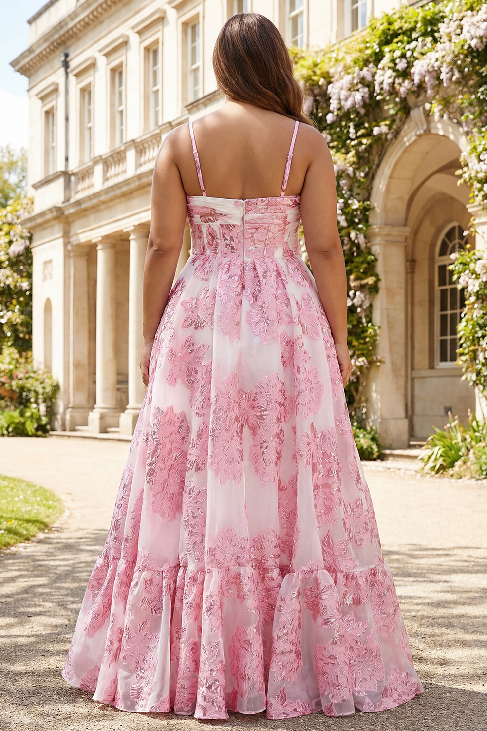 Floral Pink A Line Long Corset Prom Dress with Keyhole