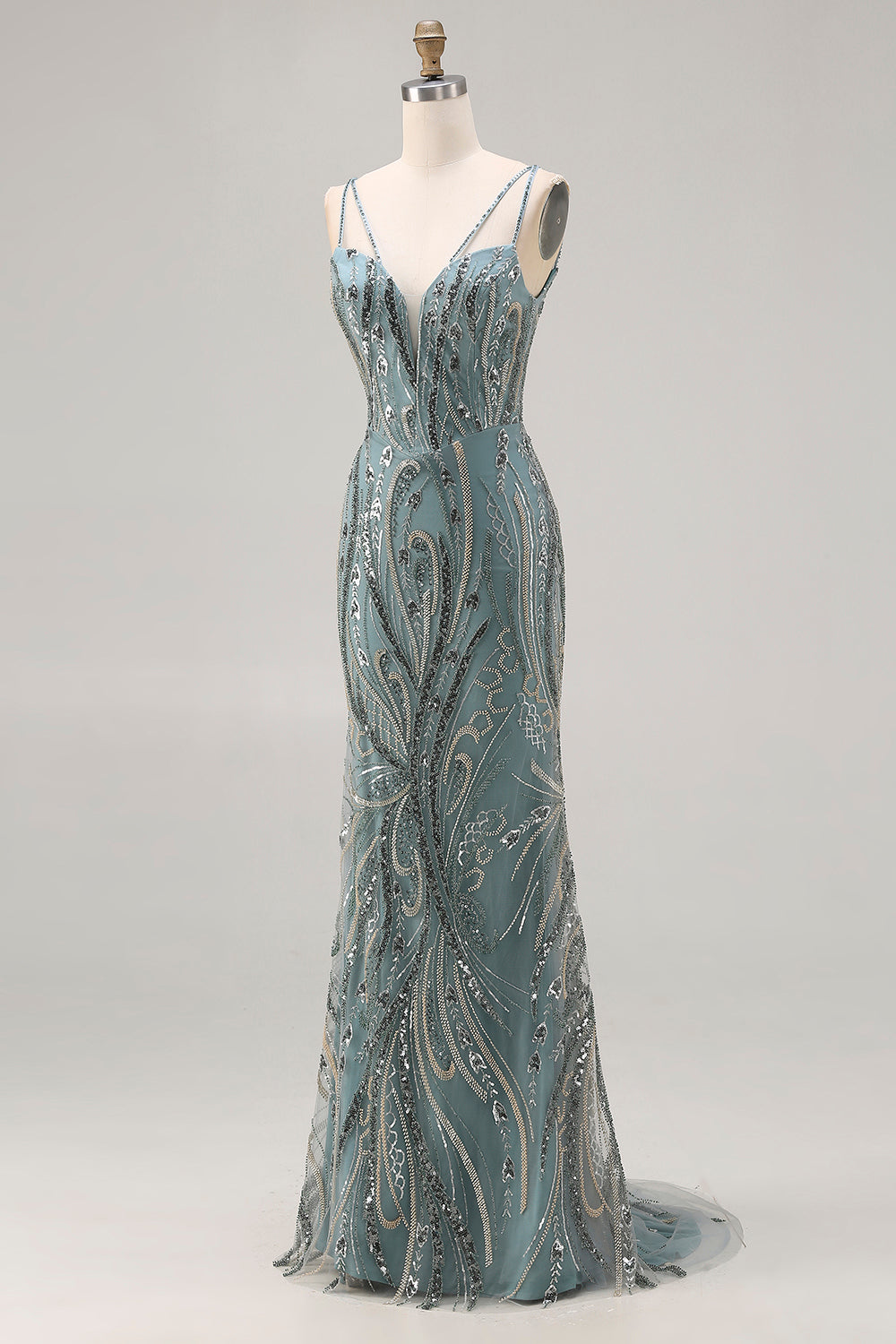 Sparkly Grey Blue Beaded Mermaid Long Prom Dress with Sequins