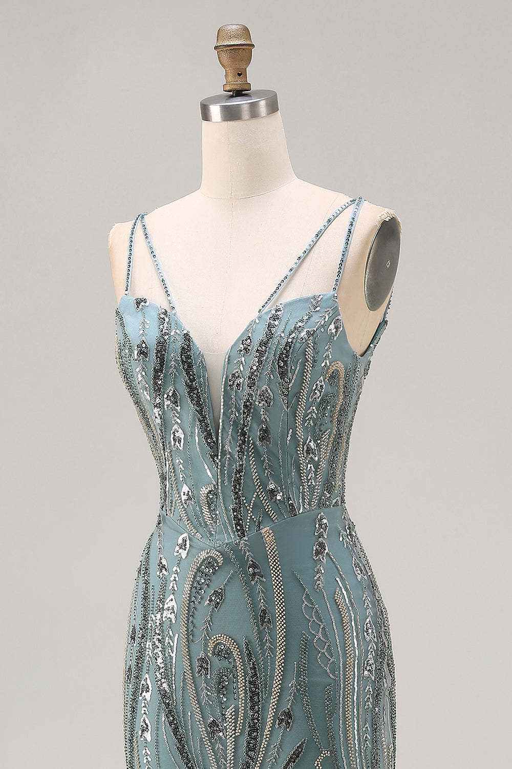 Sparkly Grey Blue Beaded Mermaid Long Prom Dress with Sequins