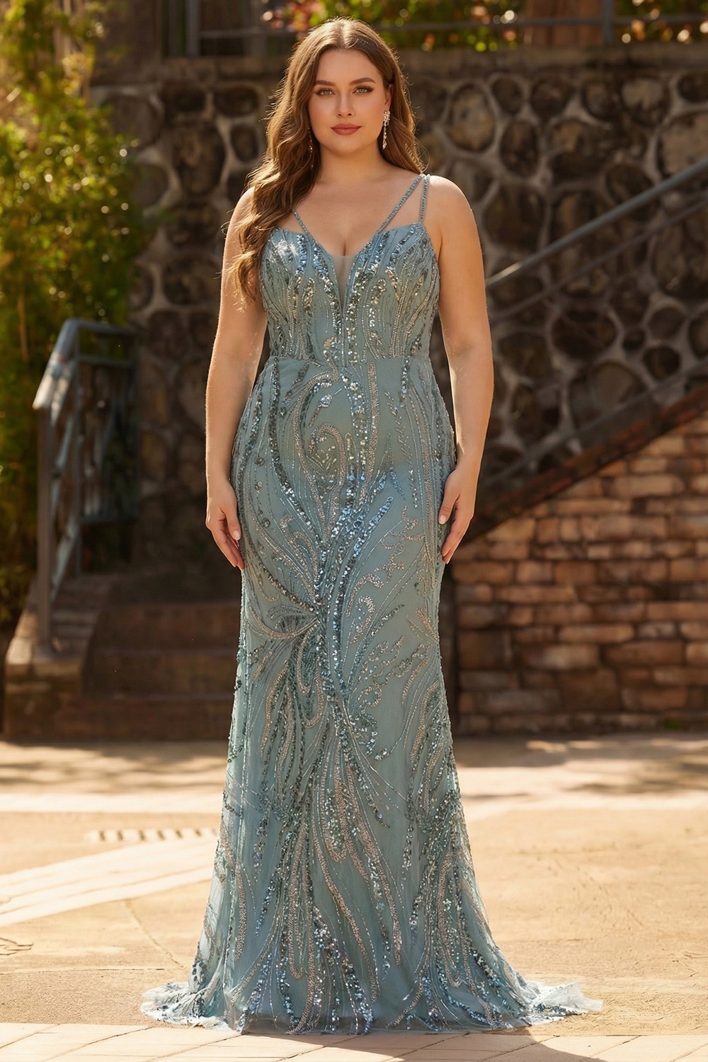 Sparkly Grey Blue Beaded Mermaid Long Prom Dress with Sequins