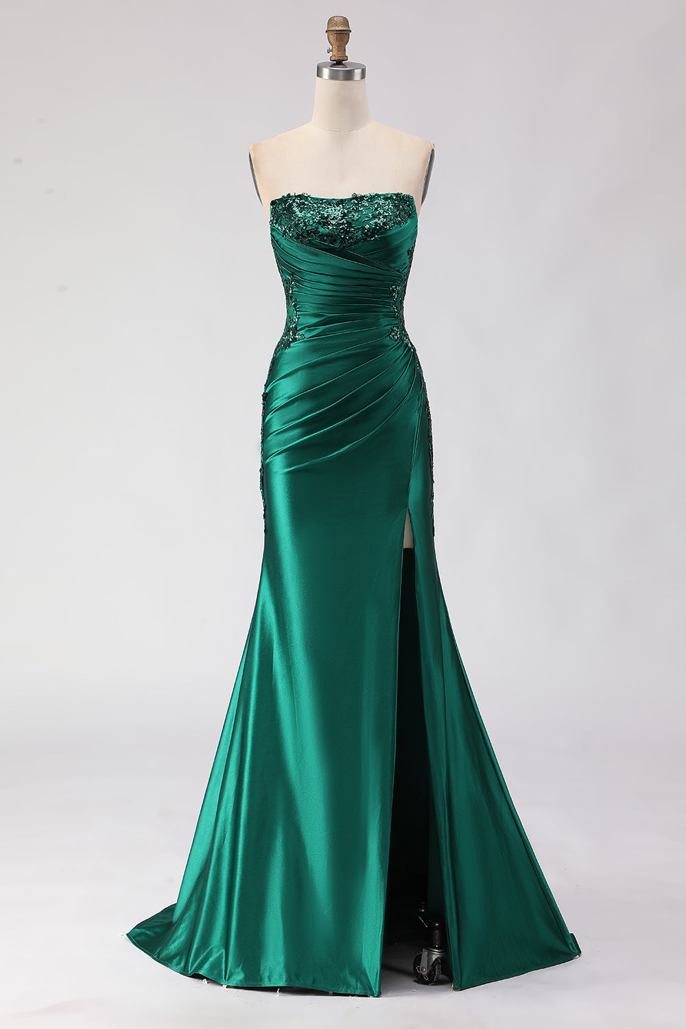 Dark Green Mermaid Satin Ruched Strapless Long Prom Dress with Slit