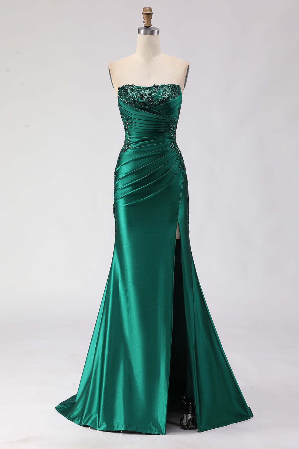 Leely Women Dark Green Mermaid Long Prom Dress with Slit Satin Sequins Strapless Lace Up Back Ruched Gala Dress