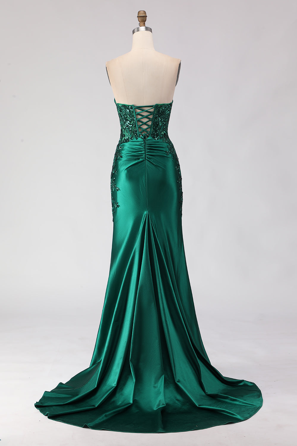 Dark Green Mermaid Satin Ruched Strapless Long Prom Dress with Slit