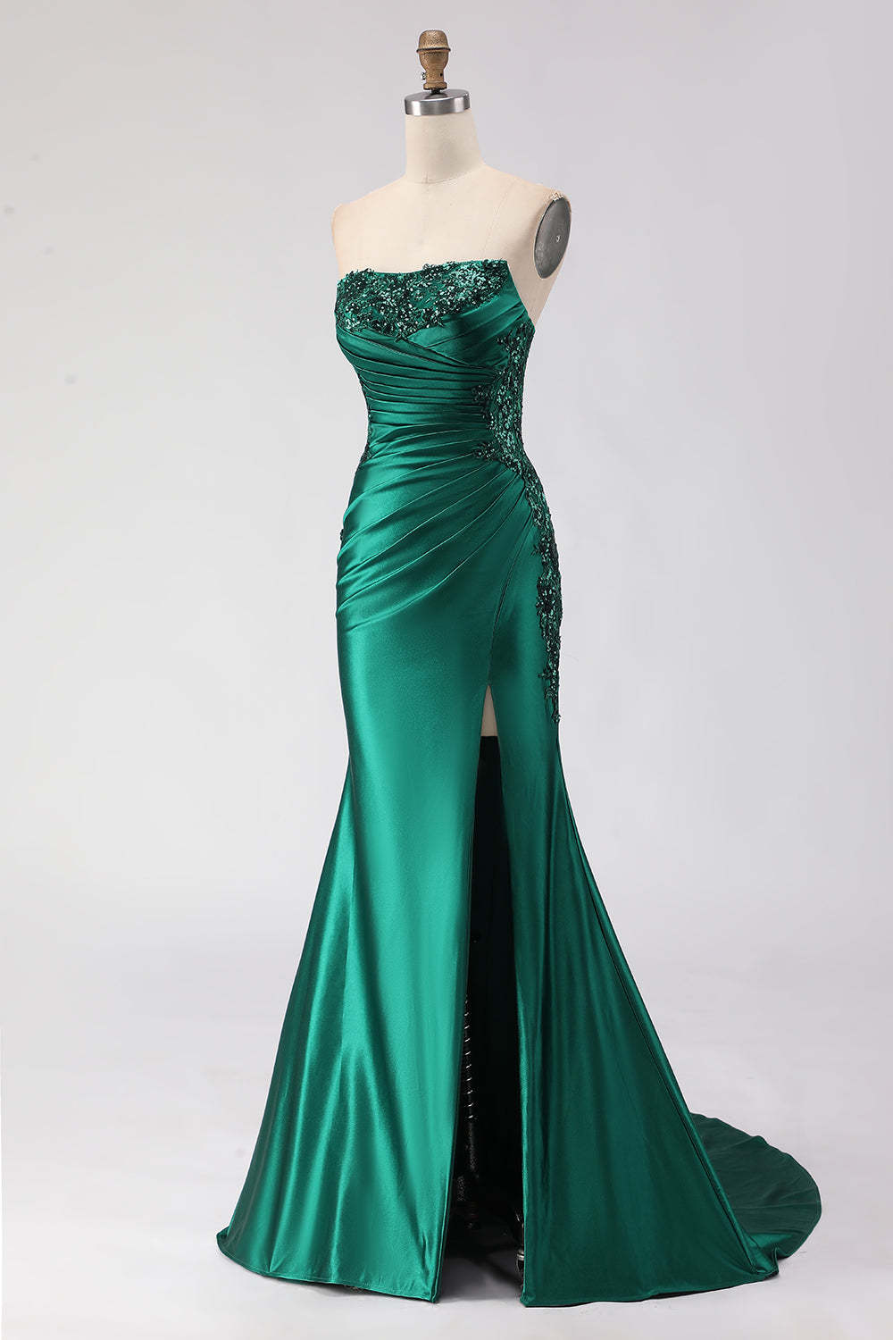 Dark Green Mermaid Satin Ruched Strapless Long Prom Dress with Slit
