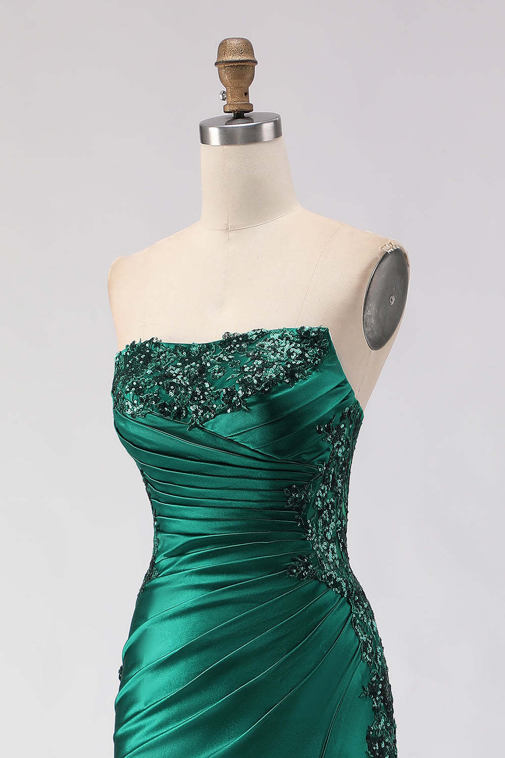 Dark Green Mermaid Satin Ruched Strapless Long Prom Dress with Slit