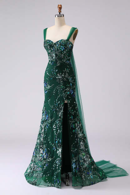 Sparkly Dark Green Floral Mermaid Sequin Long Prom Dress with Slit