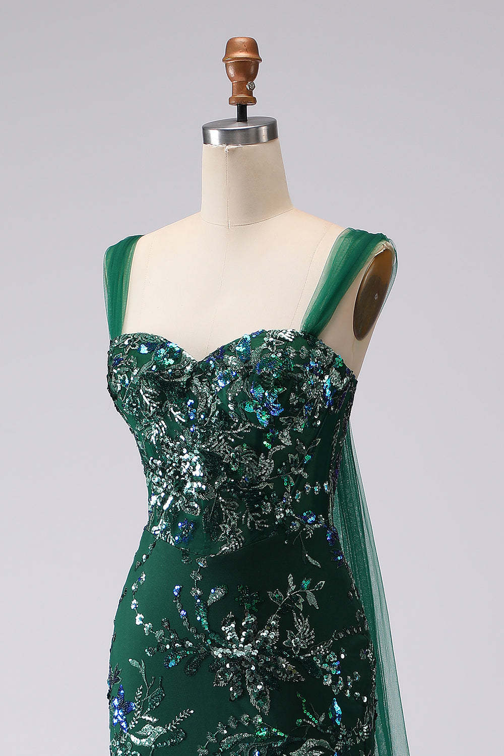 Sparkly Dark Green Floral Mermaid Sequin Long Prom Dress with Slit