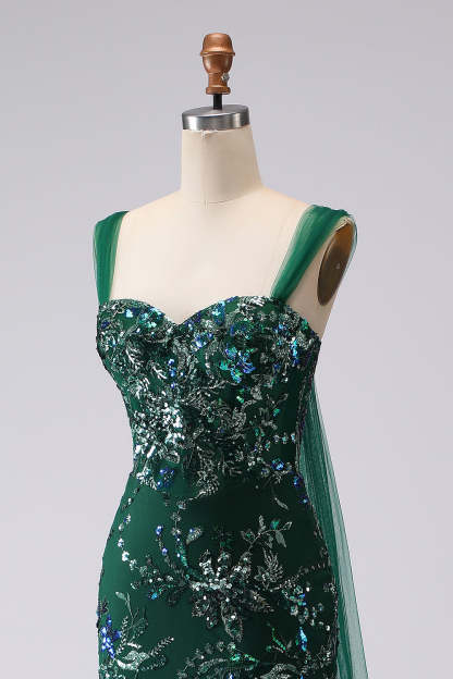 Sparkly Dark Green Floral Mermaid Sequin Long Prom Dress with Slit