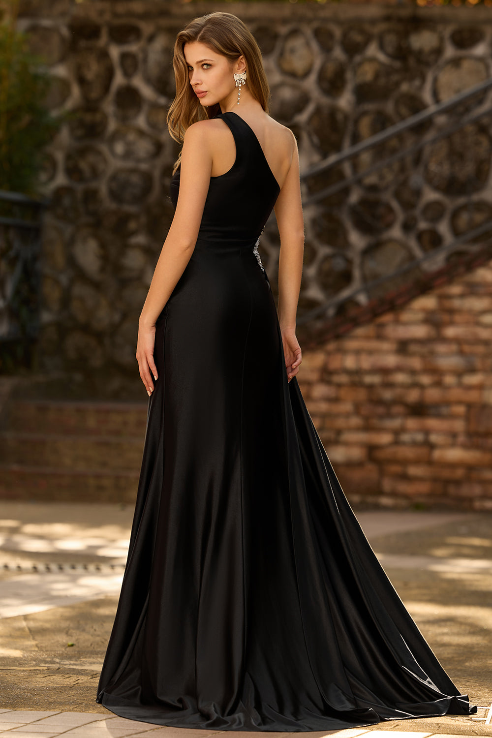 Black One Shoulder Cut Out Maxi Prom Dress with Slit