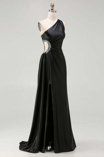 Sparkly Black Maxi Cut Out Prom Dress with Rhinestones