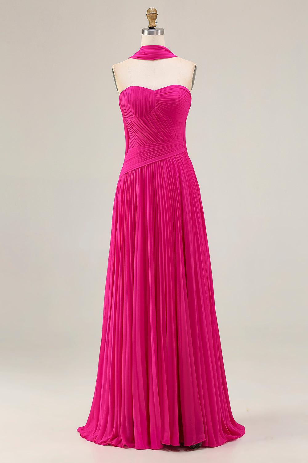 Leely Women Fuchsia Neck Scarf Maxi Prom Dress Pleated Strapless A Line Ruched Wedding Guest Dress