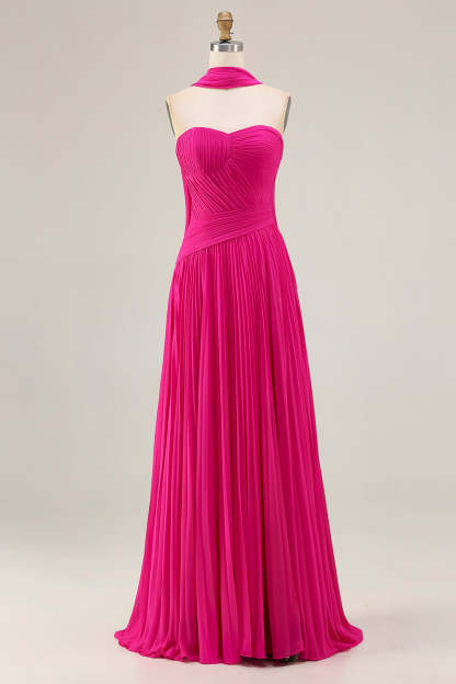 Leely Women Fuchsia Neck Scarf Maxi Prom Dress Pleated Strapless A Line Ruched Wedding Guest Dress
