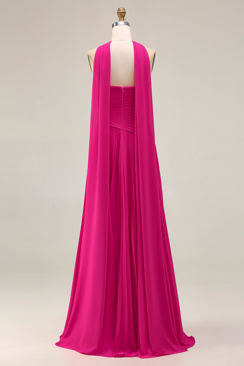 Fuchsia Strapless Pleated Neck Scarf A Line Maxi Prom Dress