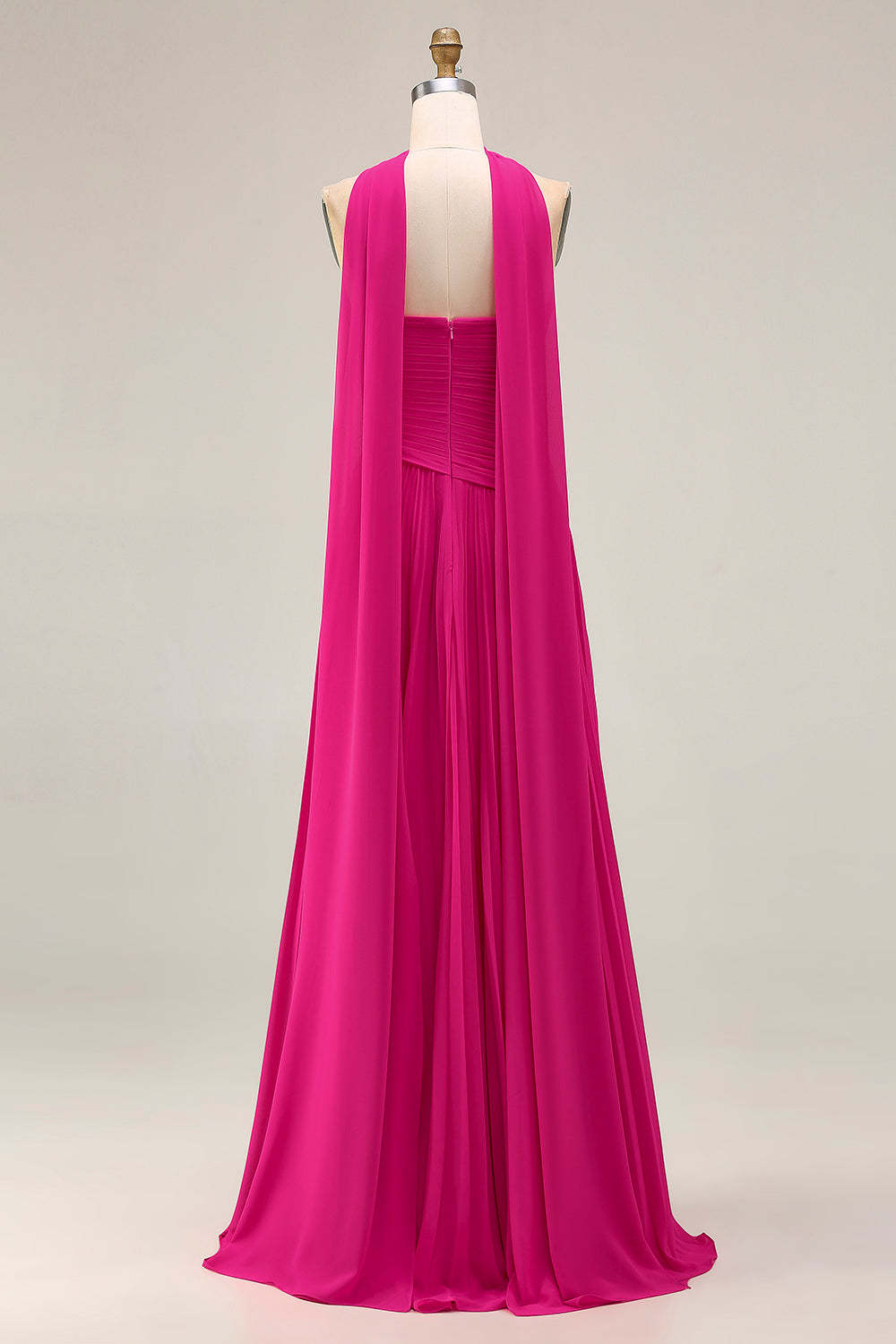 Fuchsia Strapless Pleated Neck Scarf A Line Maxi Prom Dress