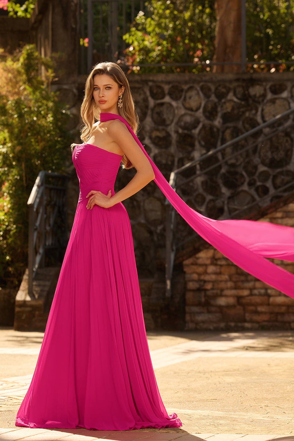 Fuchsia Pleated Neck Scarf Strapless Maxi Prom Dress