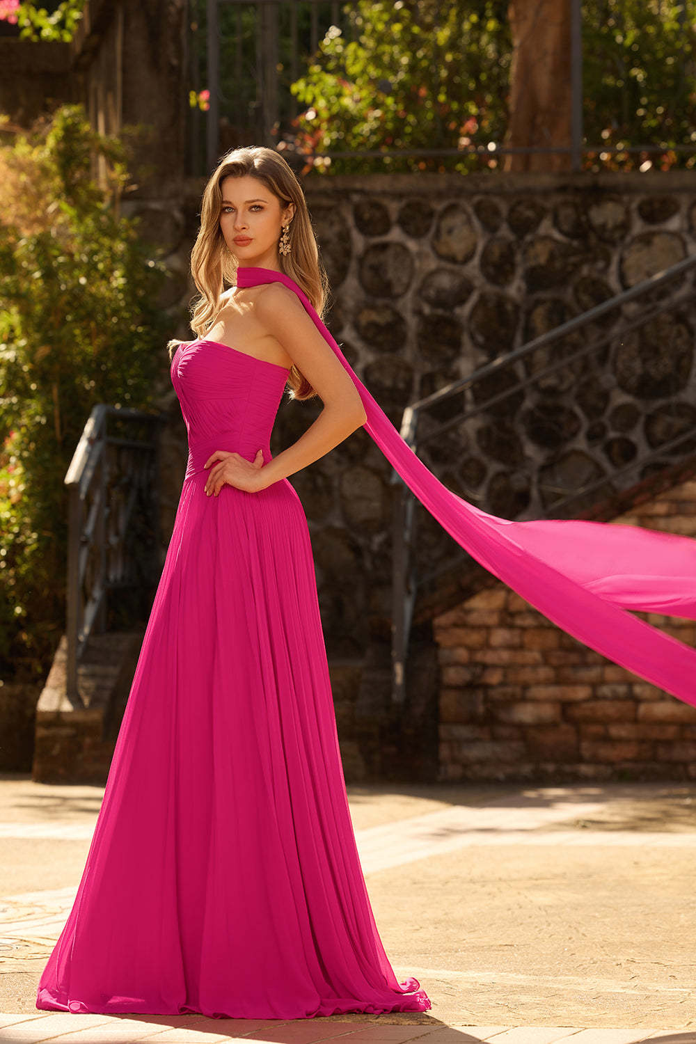 Fuchsia Pleated Neck Scarf Strapless Maxi Prom Dress