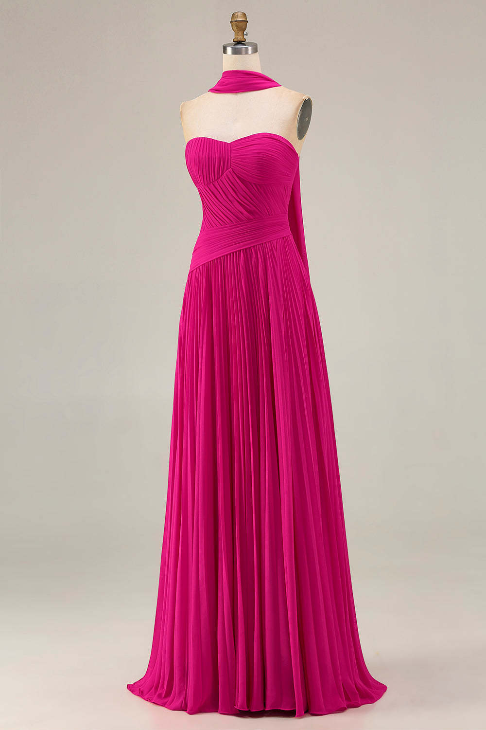 Fuchsia Strapless Pleated Neck Scarf A Line Maxi Prom Dress