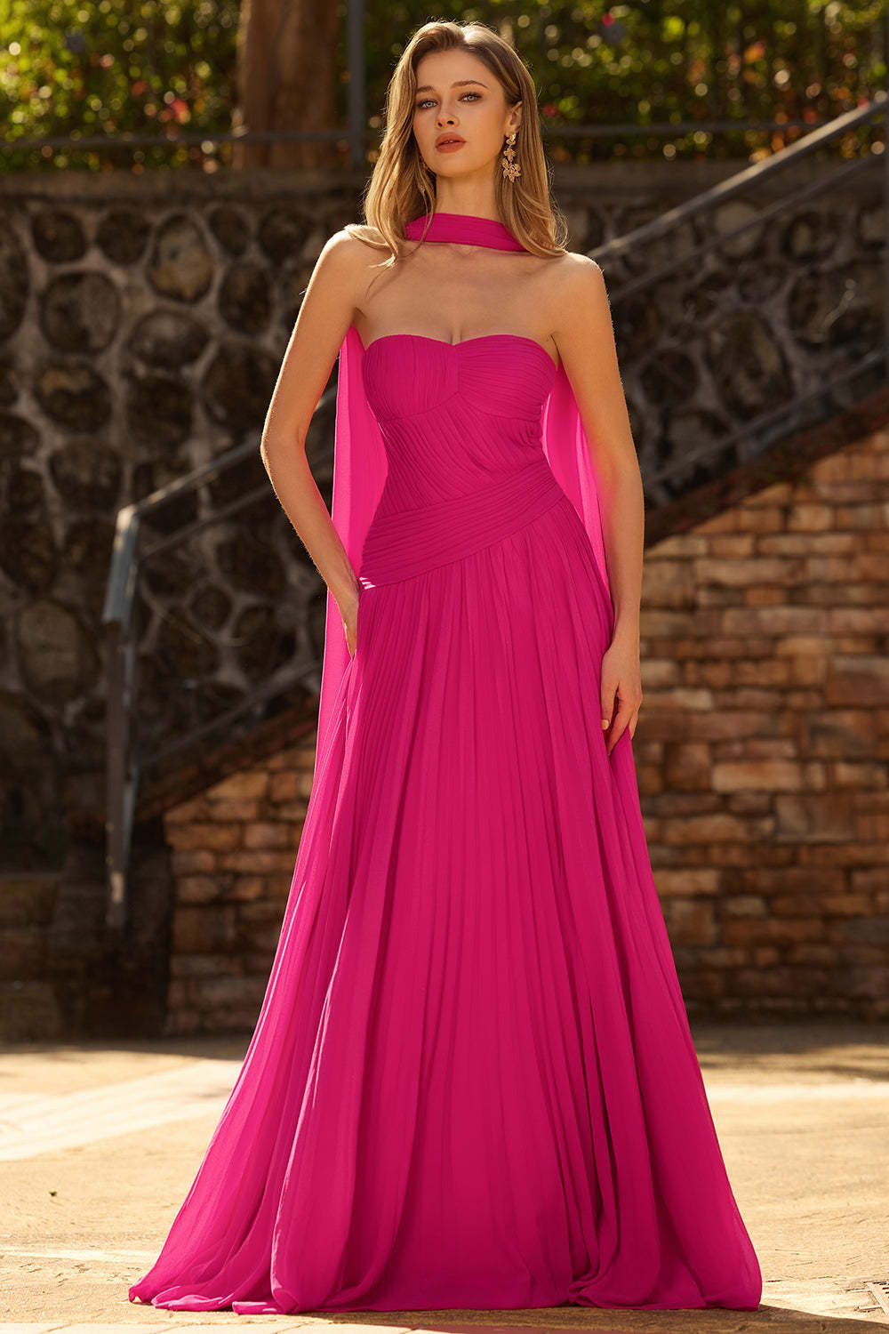 Fuchsia Pleated Neck Scarf Strapless Maxi Prom Dress