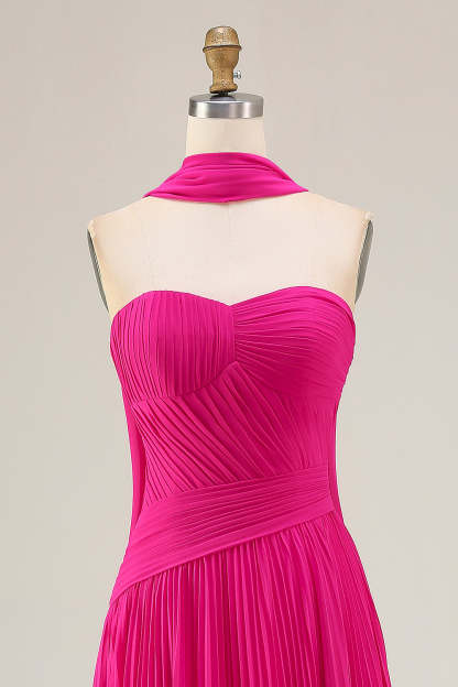 Fuchsia Strapless Pleated Neck Scarf A Line Maxi Prom Dress