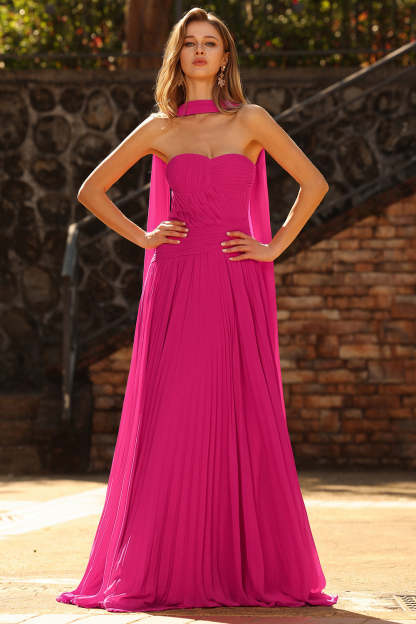 Fuchsia Pleated Neck Scarf Strapless Maxi Prom Dress