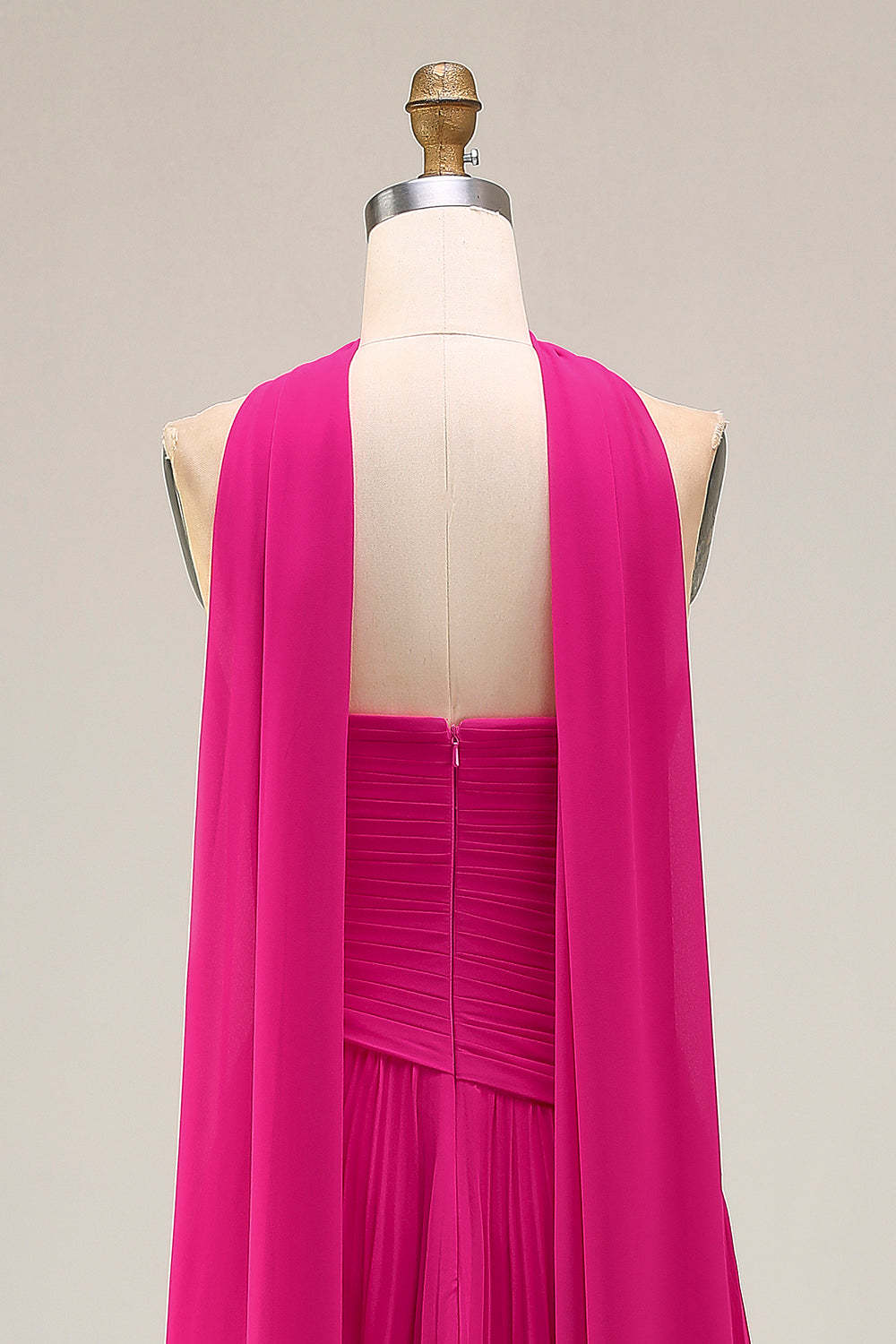 Fuchsia Strapless Pleated Neck Scarf A Line Maxi Prom Dress
