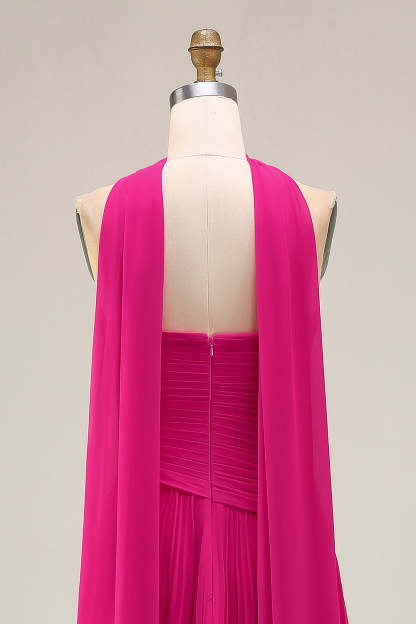 Fuchsia Strapless Pleated Neck Scarf A Line Maxi Prom Dress