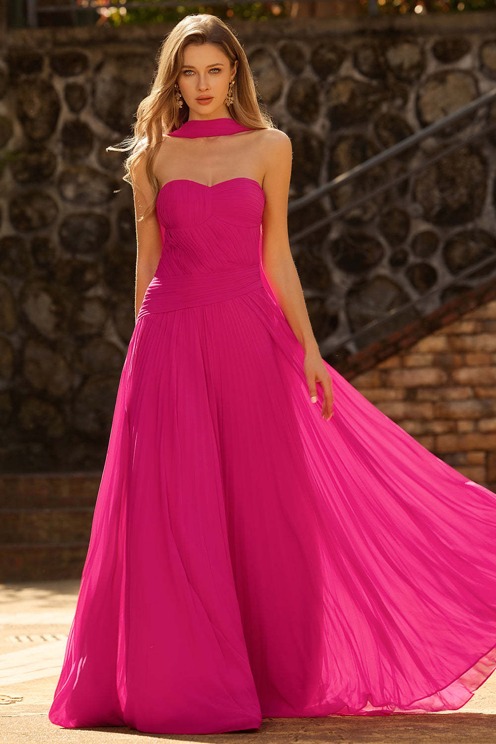 Fuchsia Pleated Neck Scarf Strapless Maxi Prom Dress
