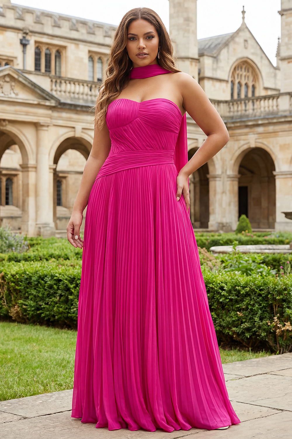 Fuchsia Strapless Pleated Neck Scarf A Line Maxi Prom Dress